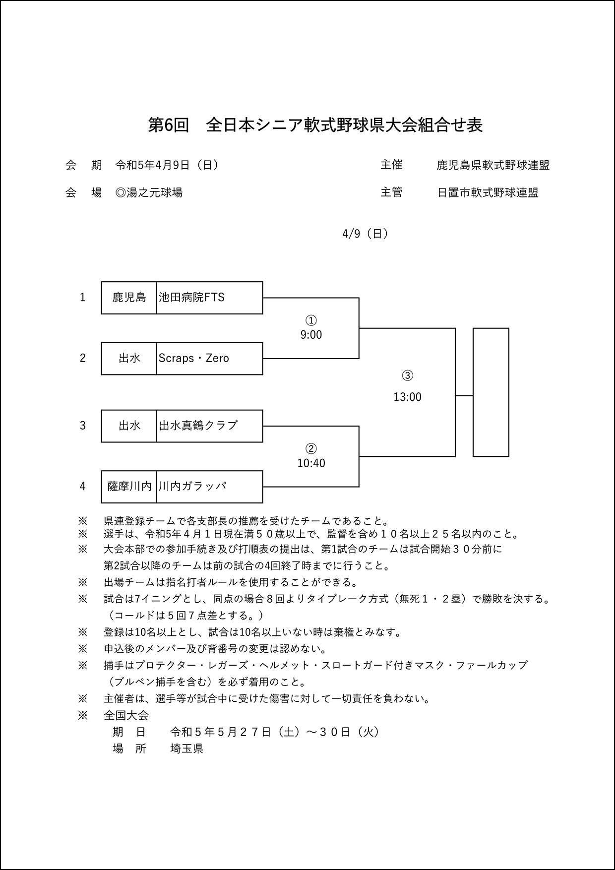 【組合せ】第6回全日本シニア軟式野球県大会