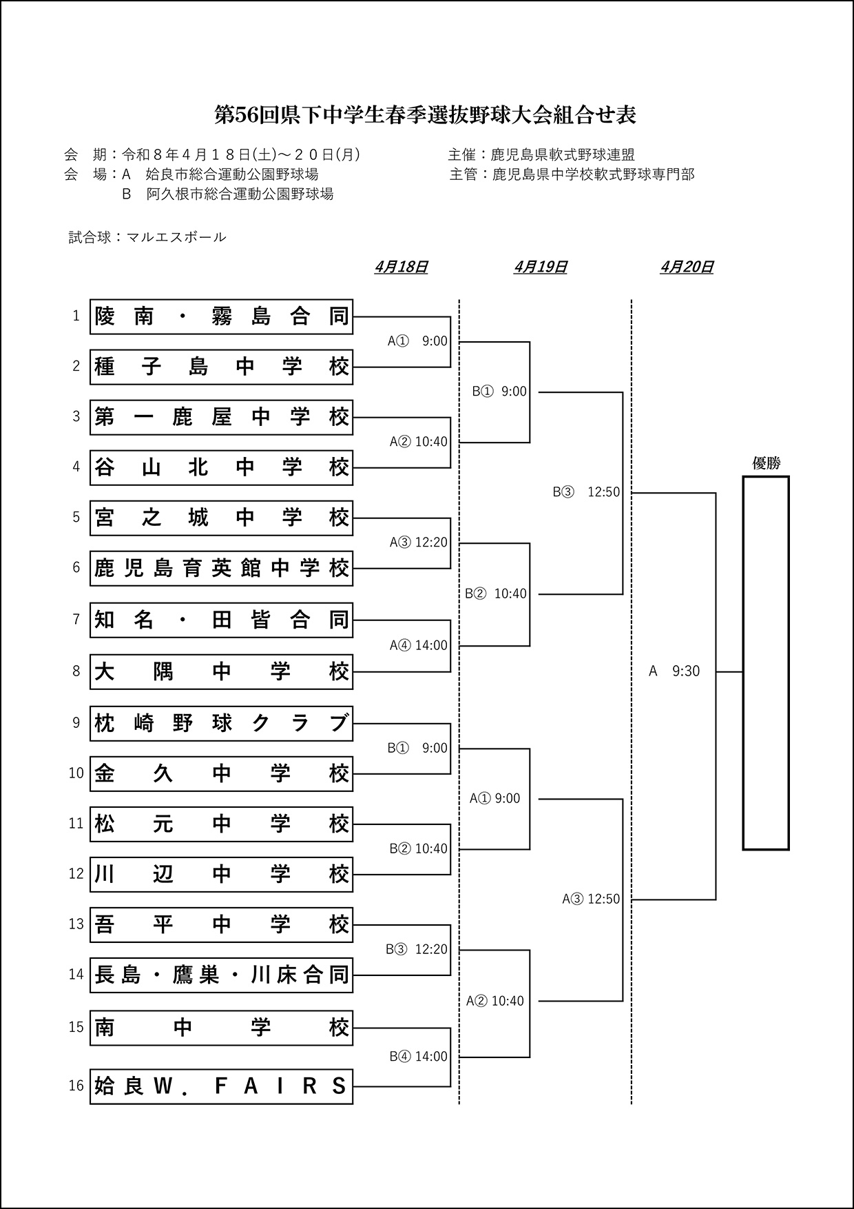 【組合せ】第56回県下中学生春季選抜野球大会